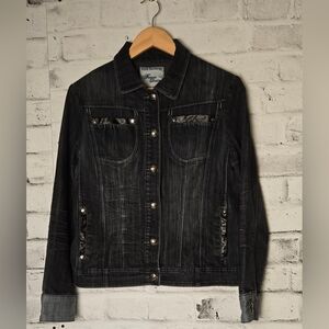 Dark Wash Denim Jacket Fitted Stretch Button Up Women’s Large